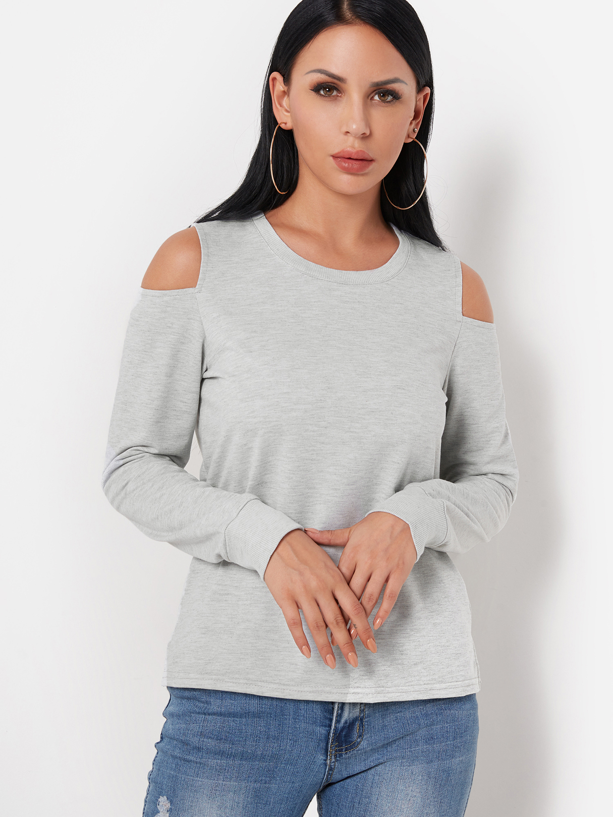 Grey Cold Shoulder Long Sleeves Top