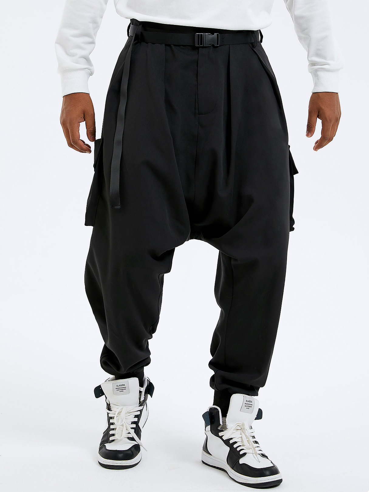 Men Casual Loose Ribbon Design Harem Pants