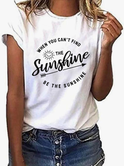 YOINS White Smile Sun & Letter Print Crew Neck Short Sleeves Tee