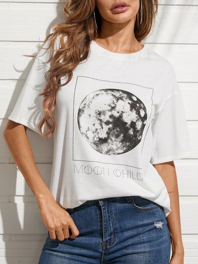 YOINS White Graphic & Letter Print Crew Neck Short Sleeves Tee