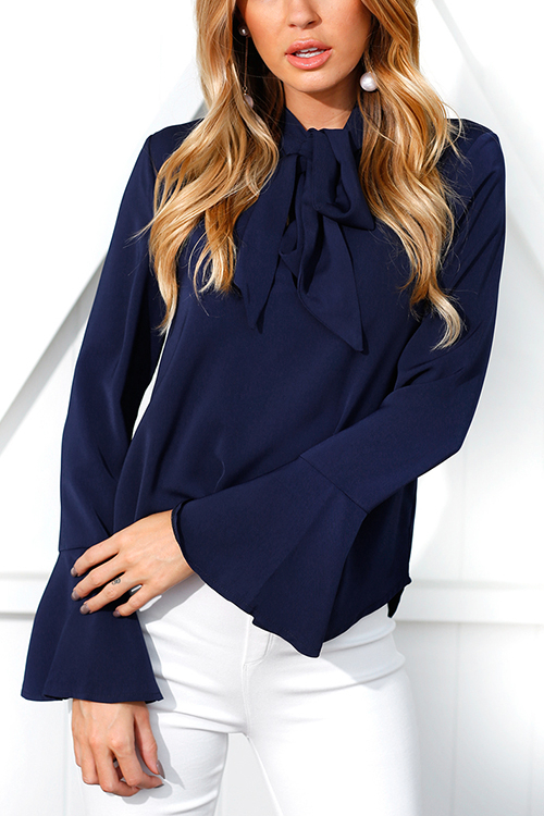 Navy Self-tie Design Bell Sleeves Chiffon Blouse