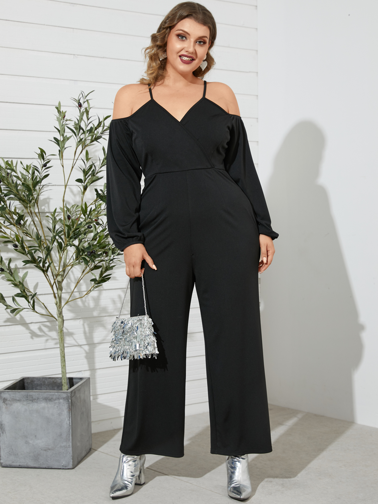 YOINS Plus Size Cold Shoulder Spaghetti Strap Wrap Design Long Sleeves Jumpsuit