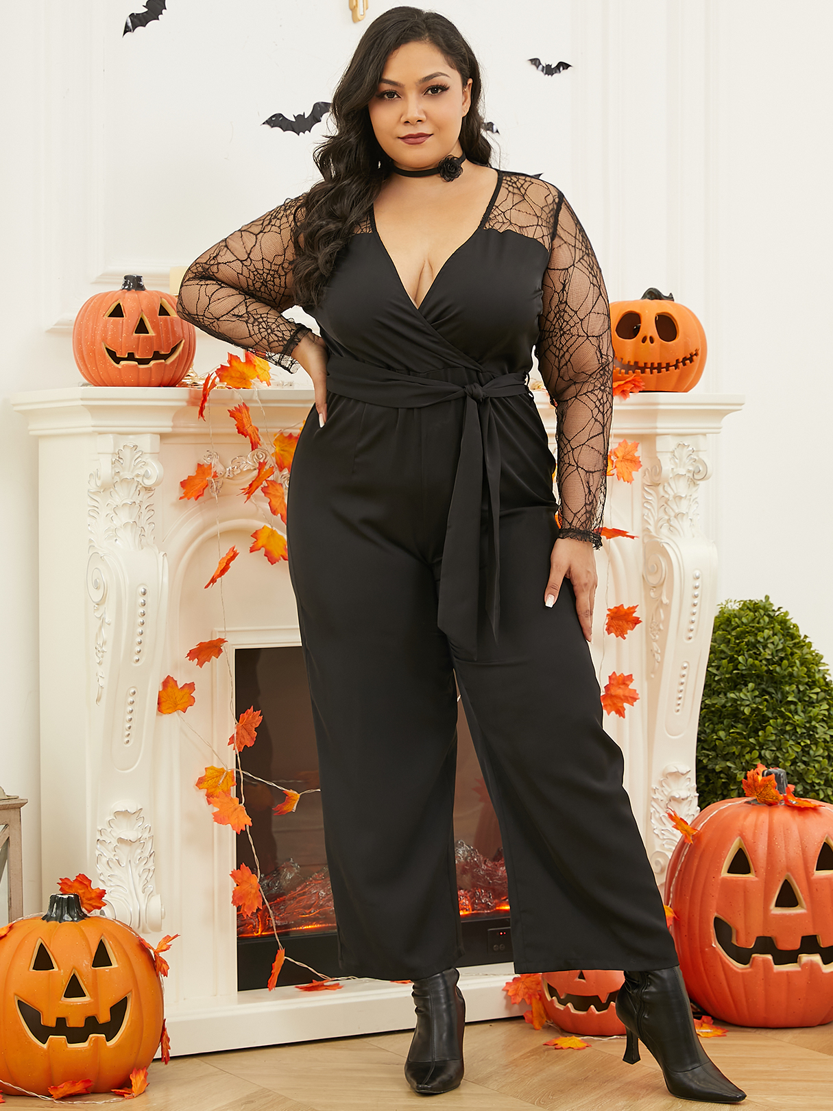 YOINS Plus Size Deep V Neck Belt Design Lace Wide Leg Jumpsuit