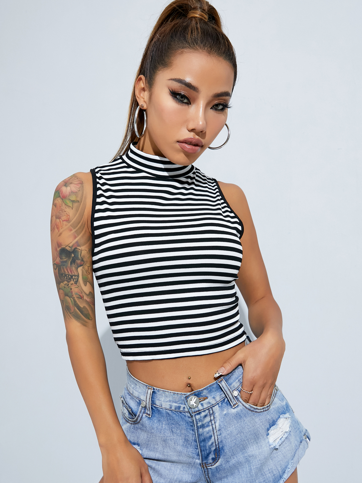 YOINS Striped Mock Neck Sleeveless Tank Top