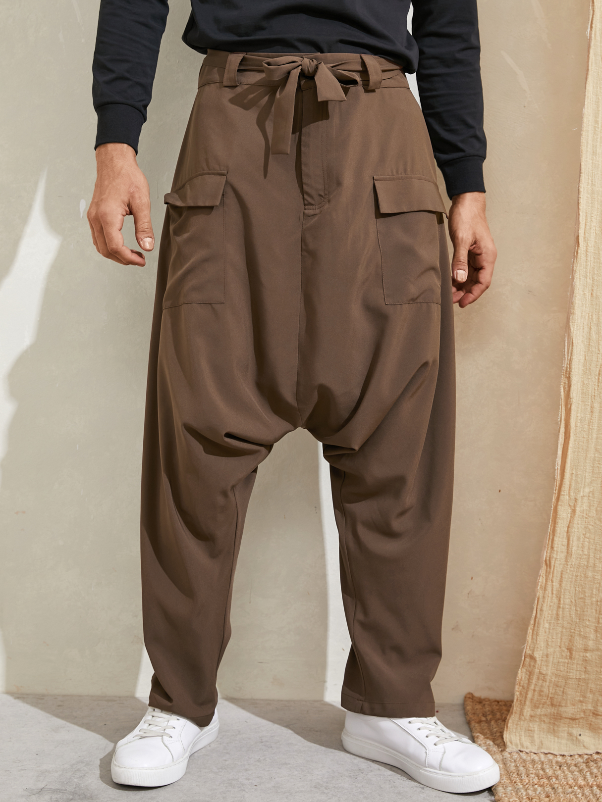 Men Casual Drop Crotch Knotted Baggy Harem Pants