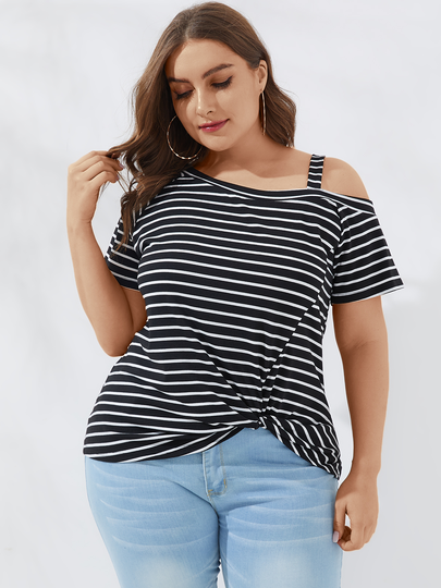 YOINS Plus Size Striped Cold Shoulder Short Sleeves Tee