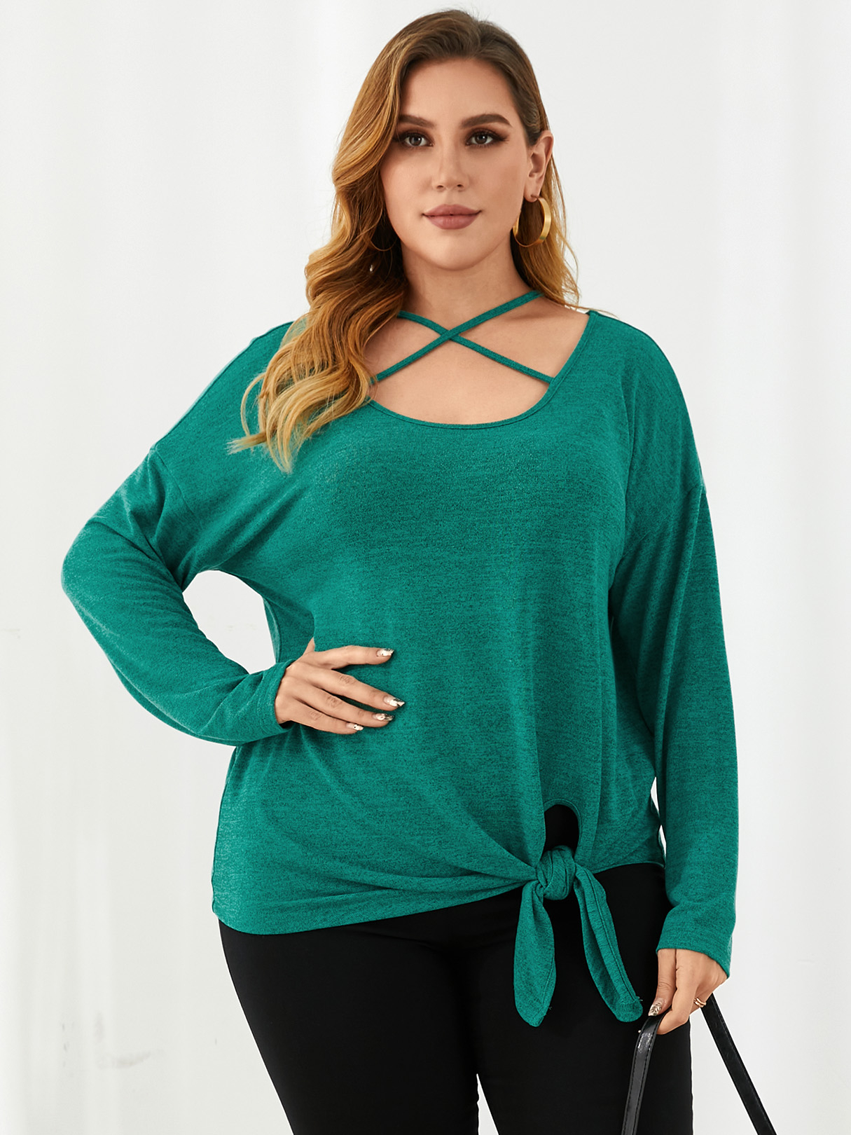 YOINS Plus Size Round Neck Criss-cross Tie-up Design Long Sleeves Tee