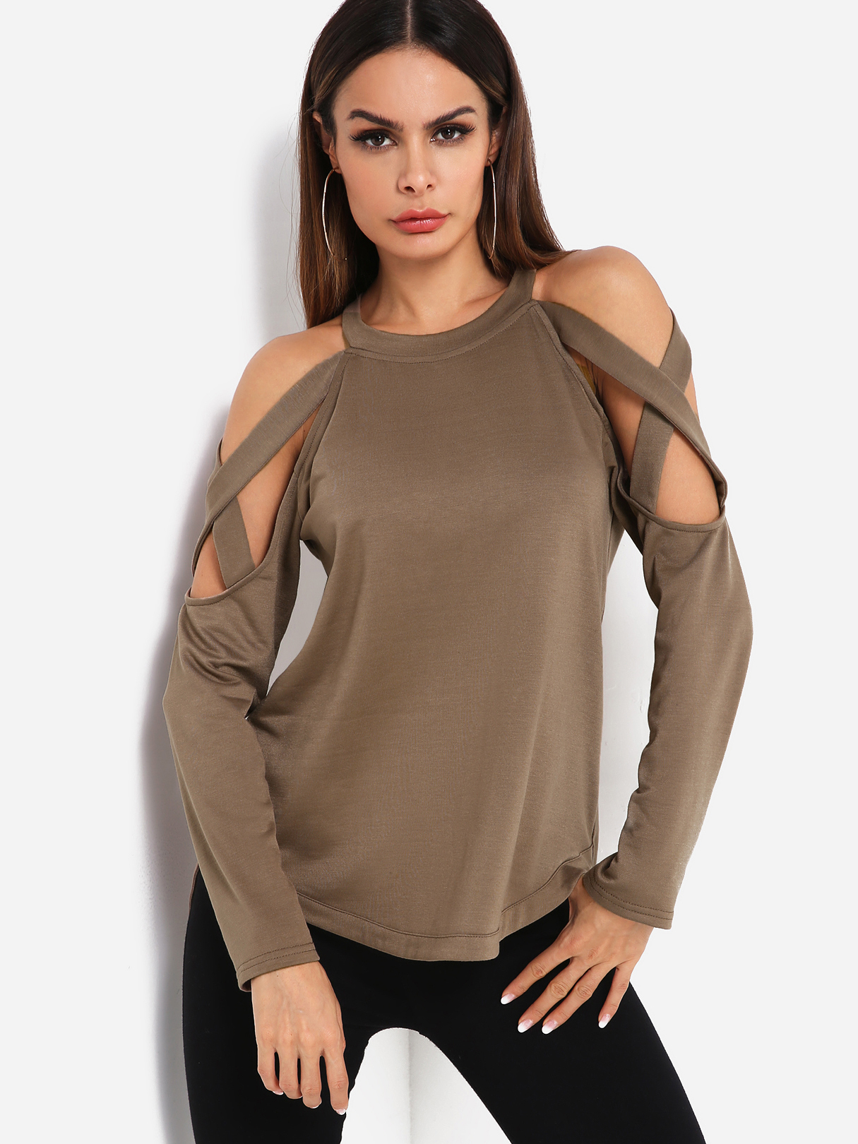 Khaki Lace-up Details Cold Shoulder Long Sleeves Curve Hem Sweatshirt