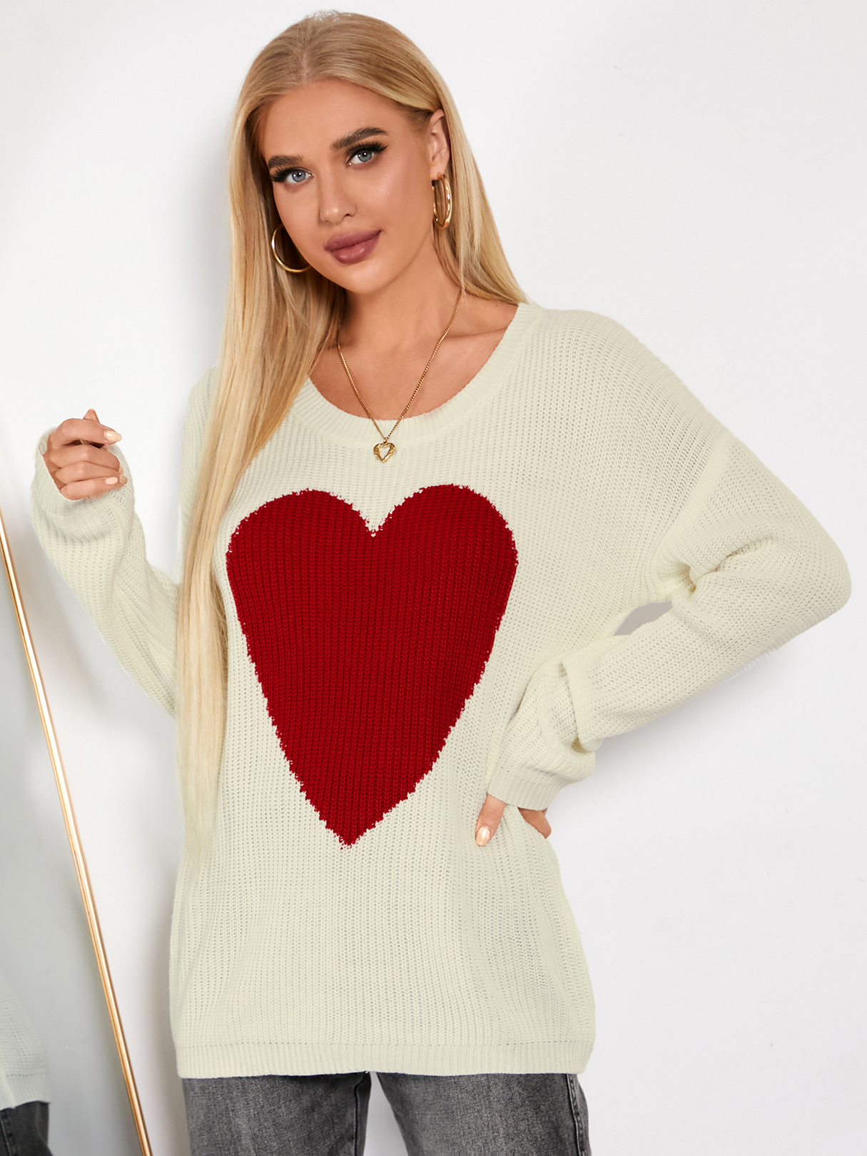 YOINS Heart Round Neck Midi Length Sweater