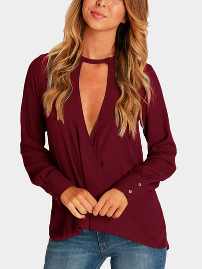 Burgundy Wrap Front Deep V-neck Blouse