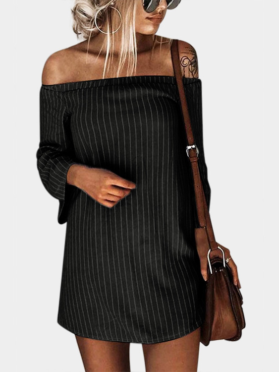 Black Sexy Off Shoulder Lace Up Stripe Pattern Mini dress