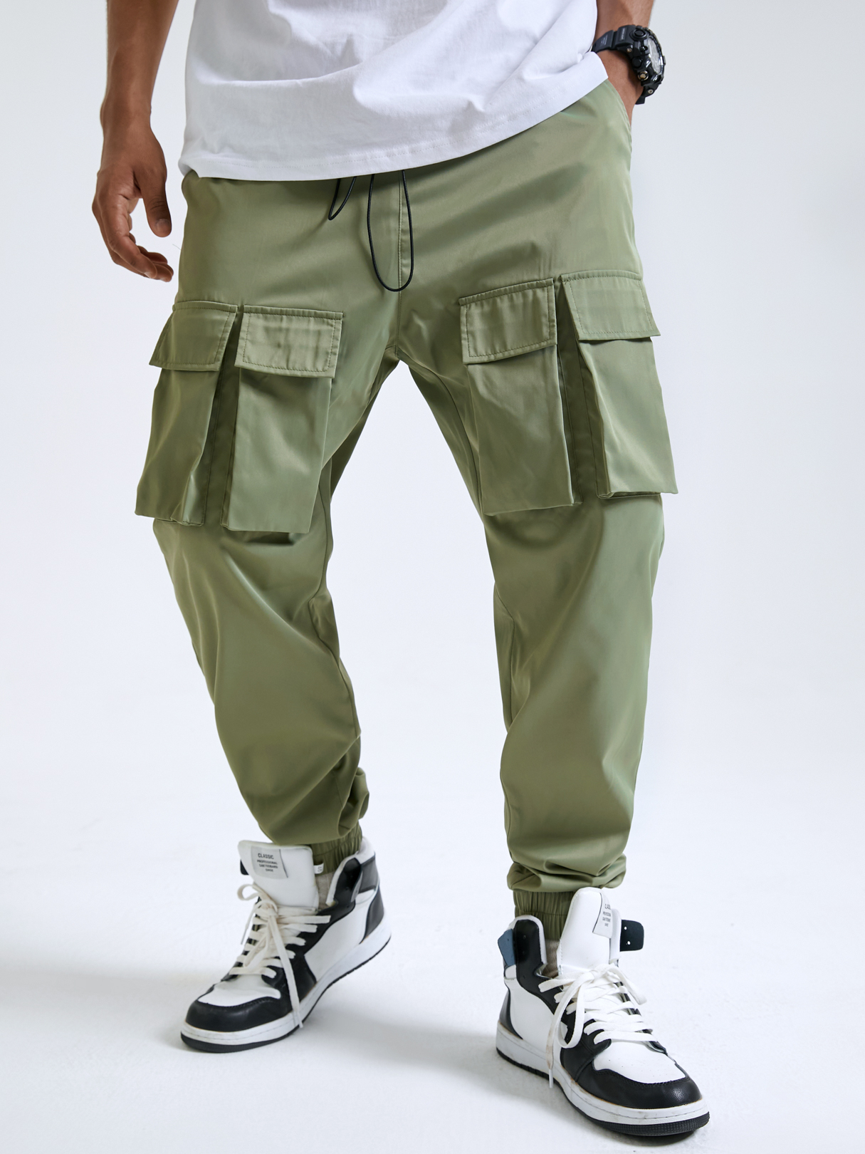 Men Hip Hop Street Style Multi-Pockets Drawstring Waist Cargo Pants