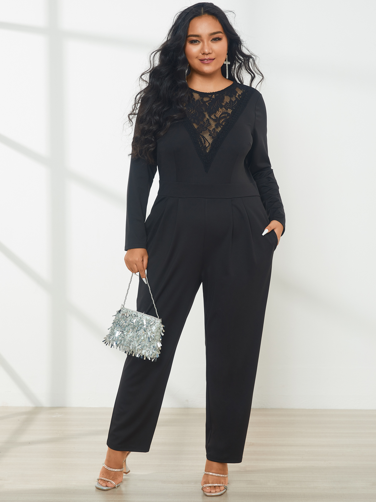 YOINS Plus Size Crew Neck Side Pockets Lace Long Sleeves Jumpsuit