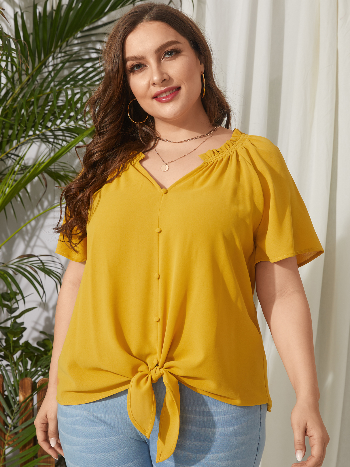 YOINS Plus Size V-neck Elastic Strap Tie-up Design Short Sleeves Blouse