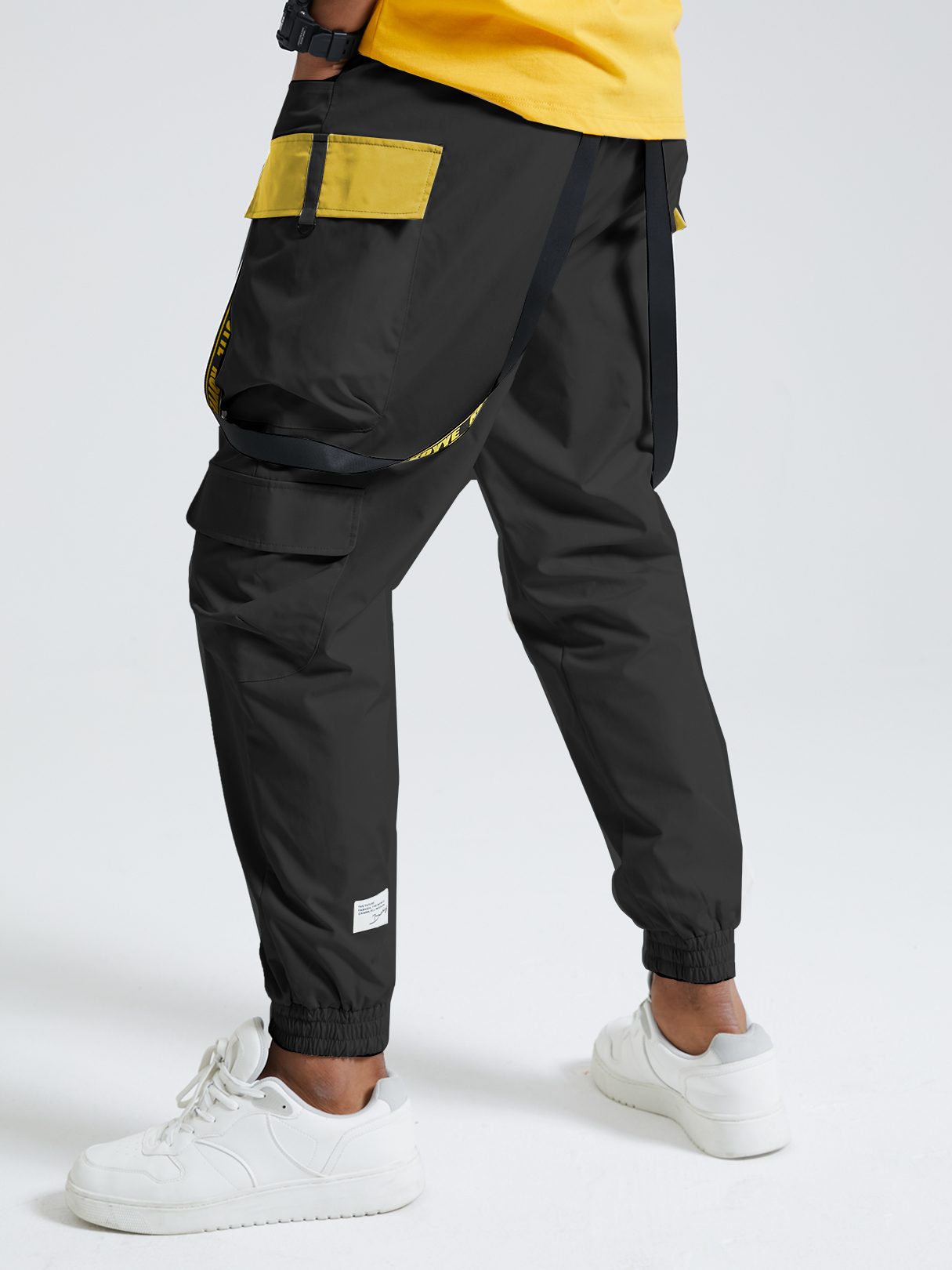 Men Casual Plain Ribbon Design Drawstring Waist Cargo Pants