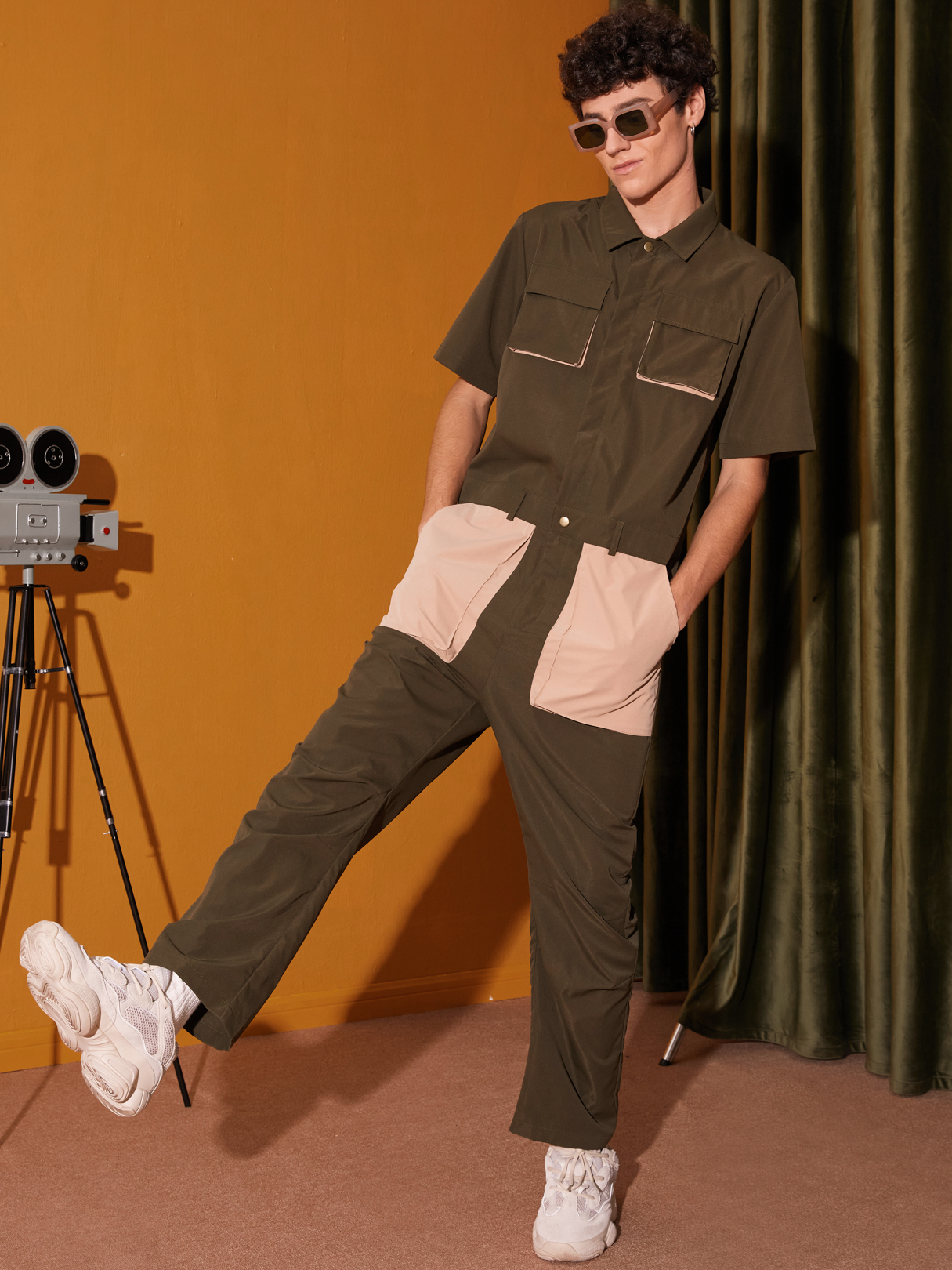 Men Casual Color Block Button Design Short Sleeve Overalls Jumpsuit