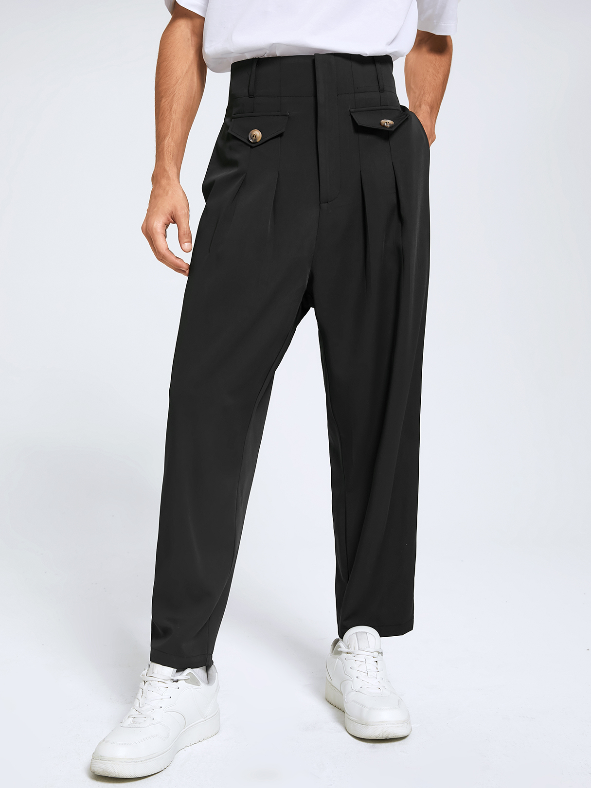 Men Vintage Pleated Design Zip Front High Waist Casual Pants