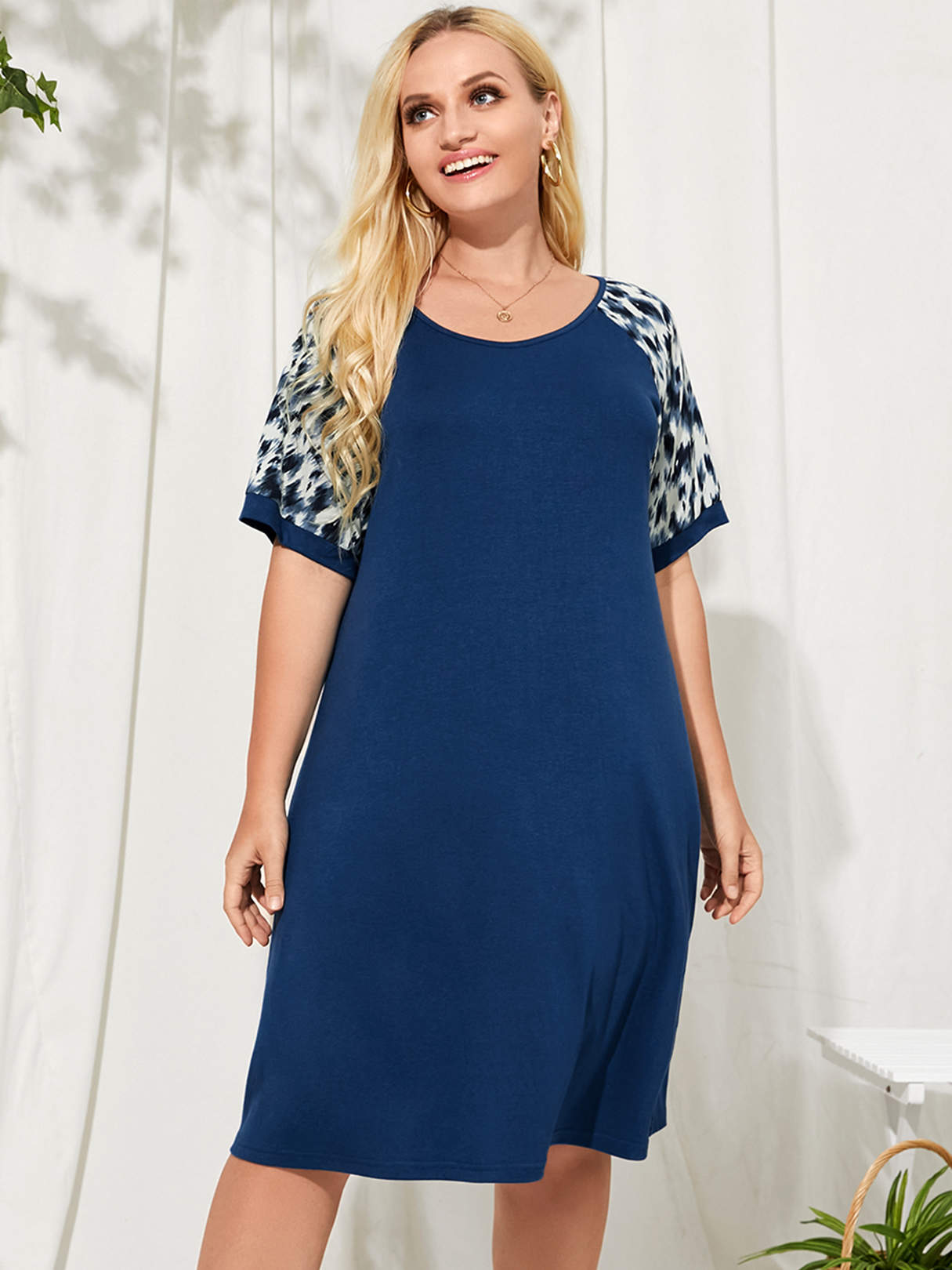 YOINS Plus Size Round Neck Leopard Patchwork Short Sleeves Dress