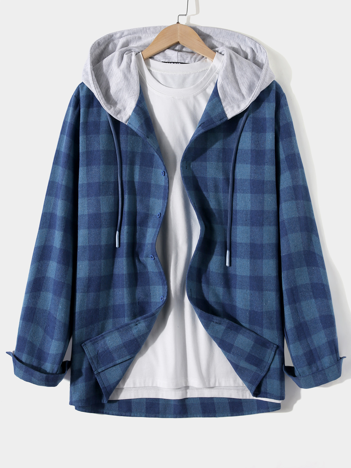 Men Casual Hooded Plaid Drawstring Shirt