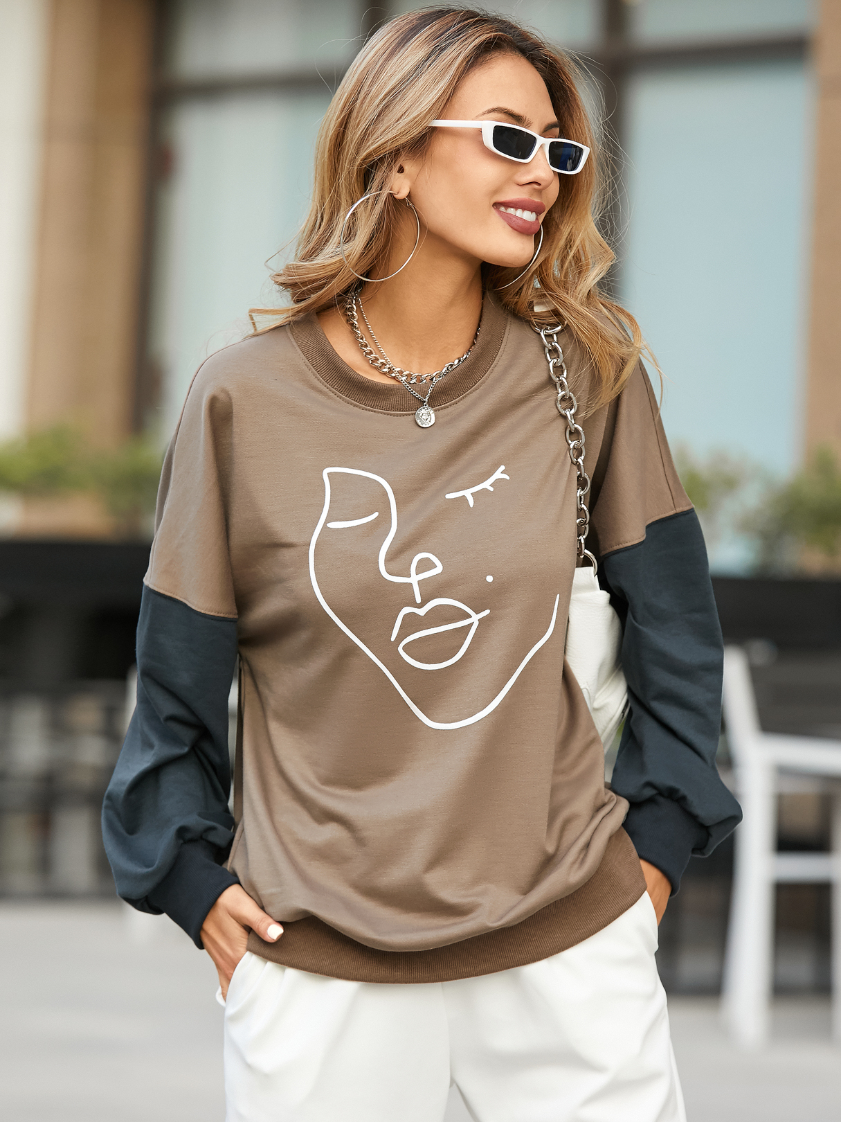 YOINS Brown Patchwork Figure Crew Neck Long Sleeves Sweatshirt