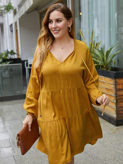 Plus Size V-neck Long Sleeves Mini Dress