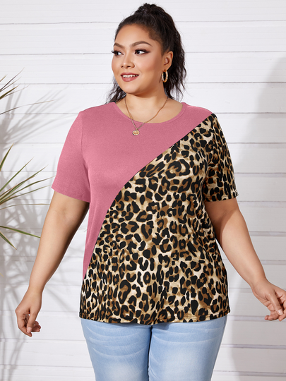 YOINS Plus Size Crew Neck Patchwork Leopard Short Sleeves Tee