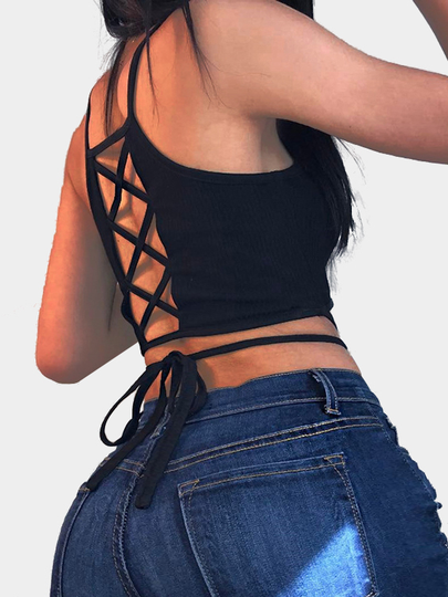 Black Sexy Lace-up Design Crop Top with Self-tie Design