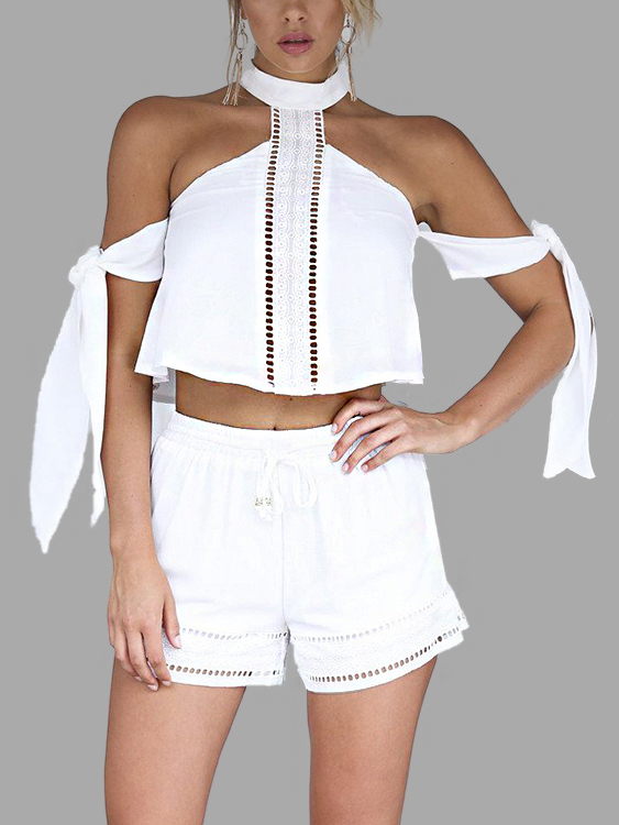 Halter Hollow Out Slef-tie Shoulder Strap Top & Short Co-ord
