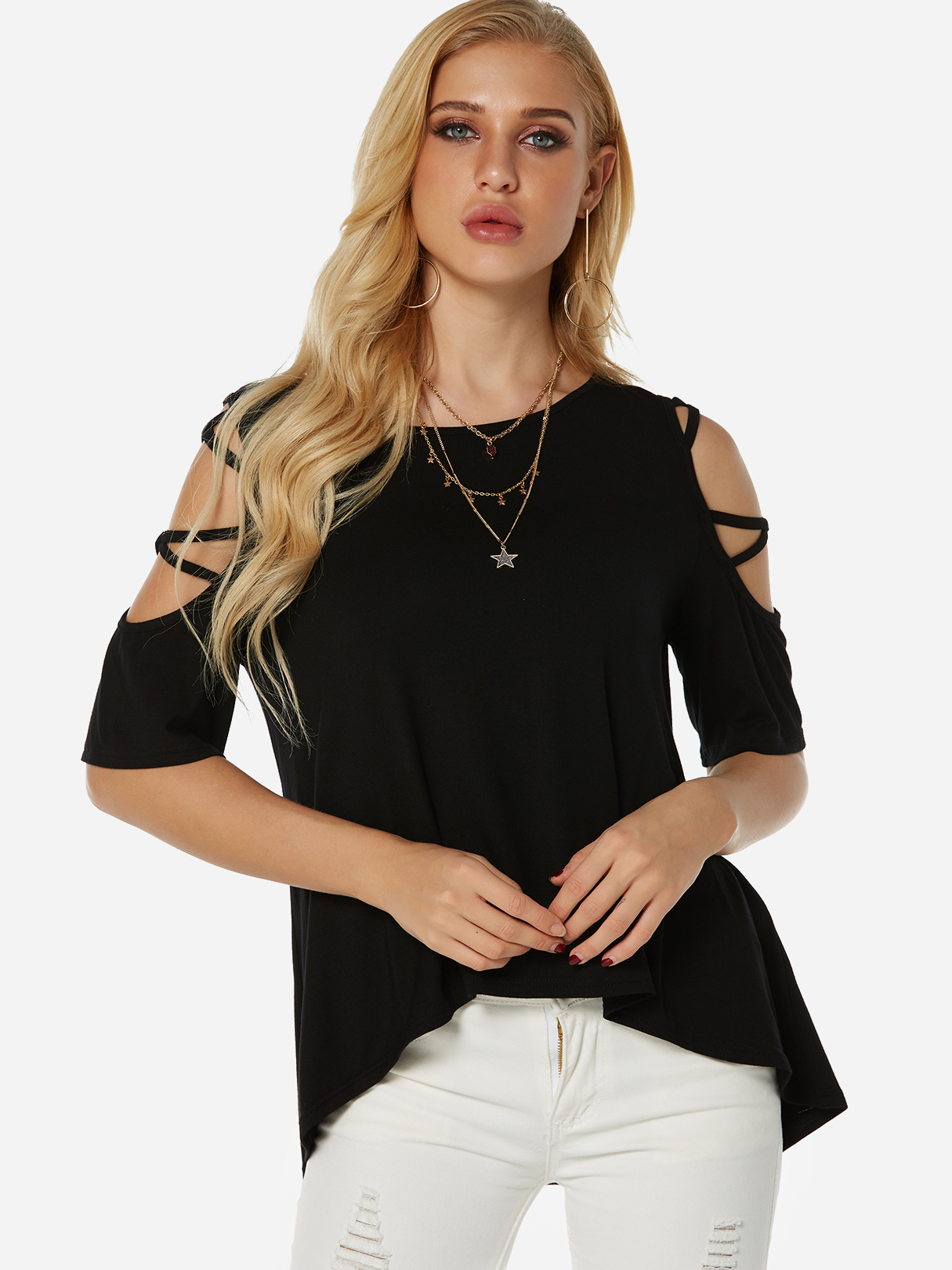 Black Cold Shoulder Criss-cross Design Sleeves T-shirt