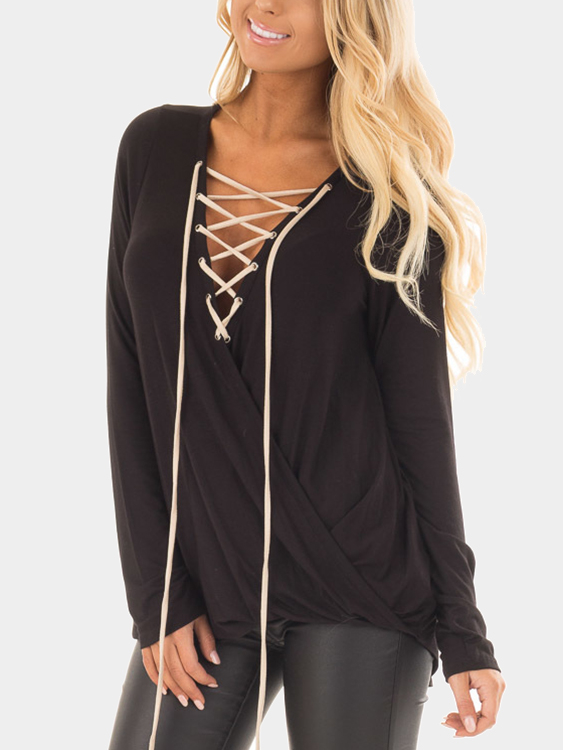 Black Lace-up Front Crossover Top