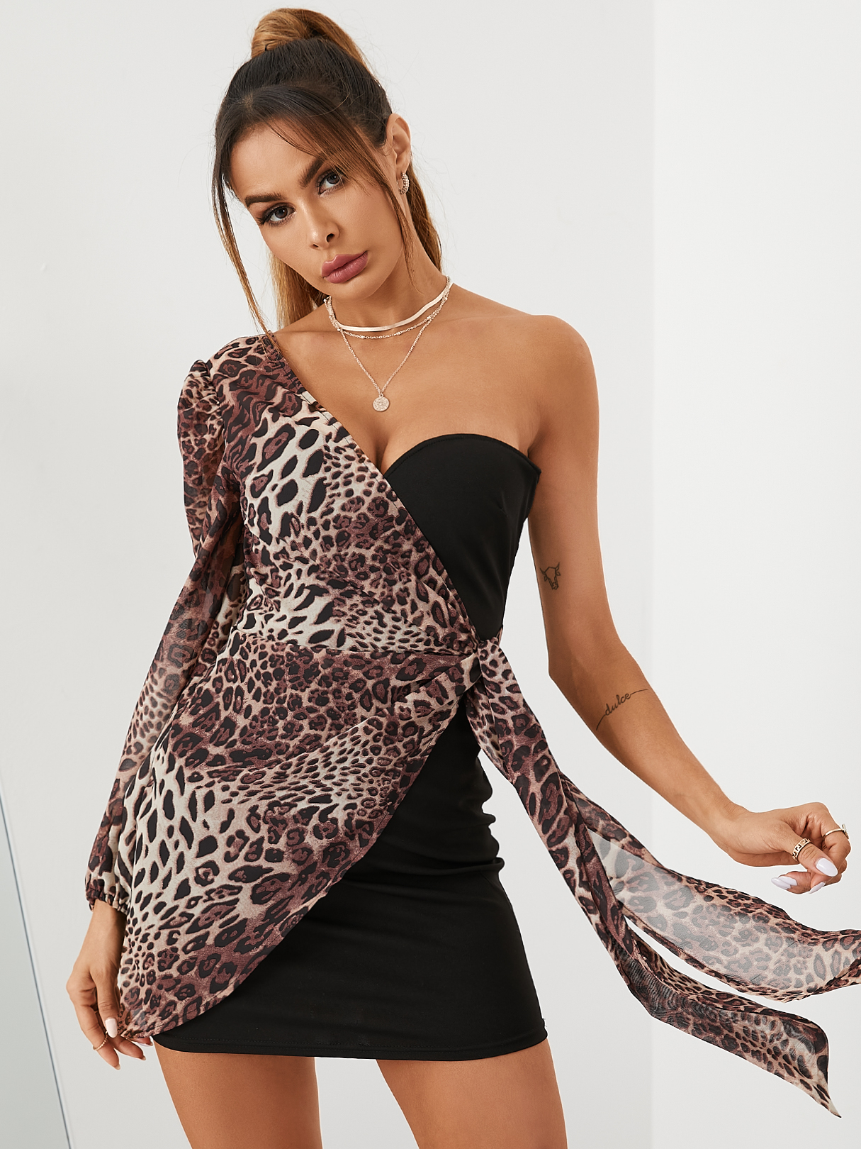 YOINS Black Leopard One shoulder Tie-up design Puff sleeves Mini Dress