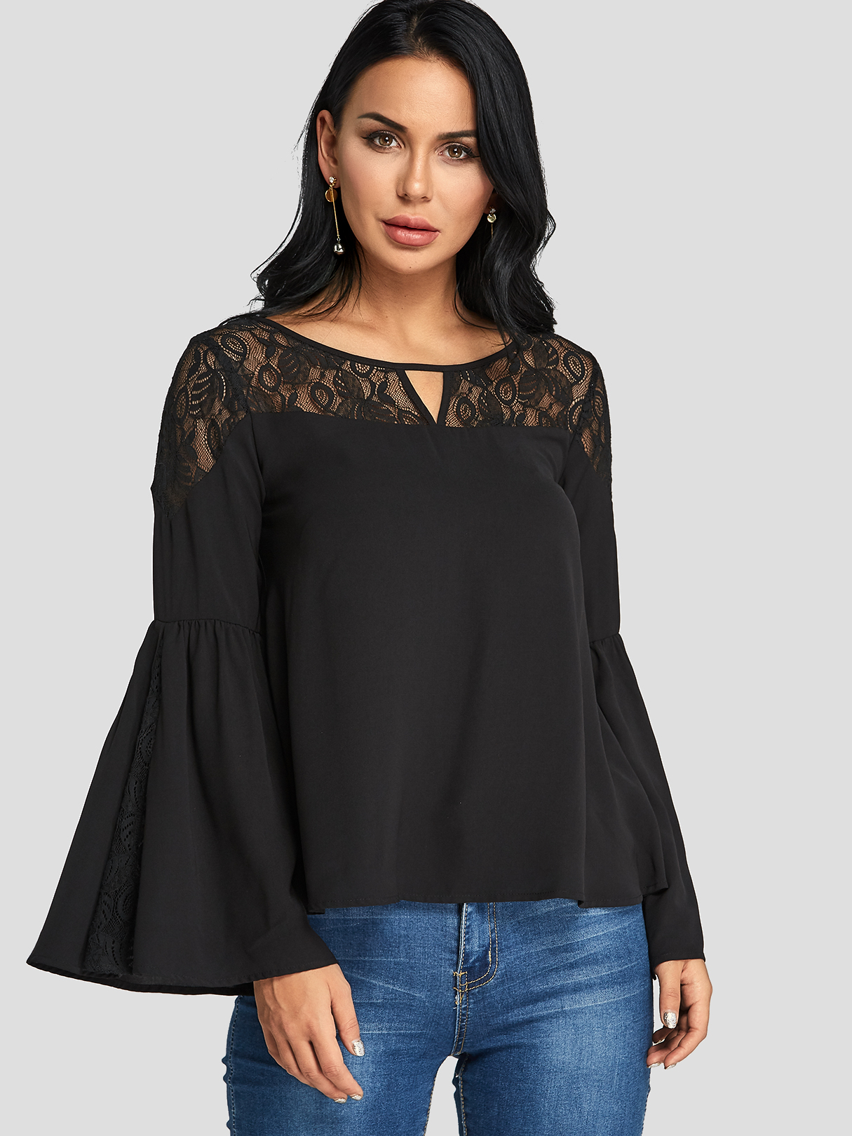 Black Lace Details Plain Round Neck Bell Sleeves Blouses