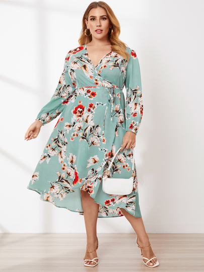 YOINS Plus Size V-neck Floral Print Belt Design Wrap Design Long Sleeves Dress