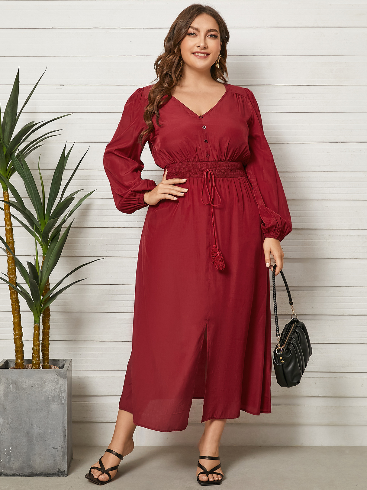 YOINS Plus Size V-neck Button Design Shirring Long Sleeves Dress