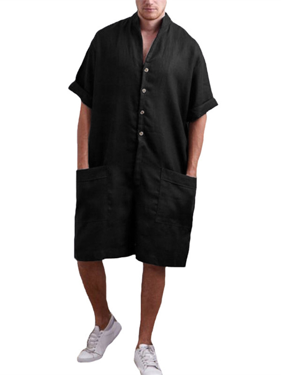 Men Stand Collar Pocket Casual Cotton Shirt Sleeve Loose Rompers Jumpsuits