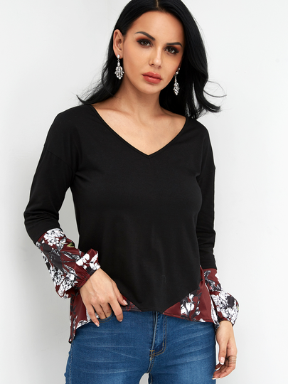 Color Block Floral Print V-neck Long Sleeves T-shirts
