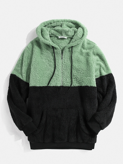 ChArmkpR Men Patchwork Half Zipper Pocket Teddy Hoodie