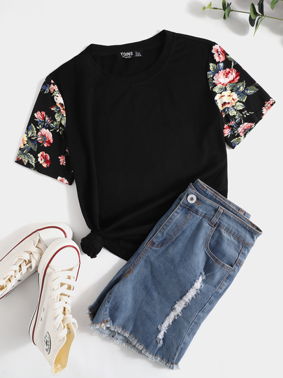 YOINS Random Floral Print Patchwork Crew Neck Short Sleeves Tee