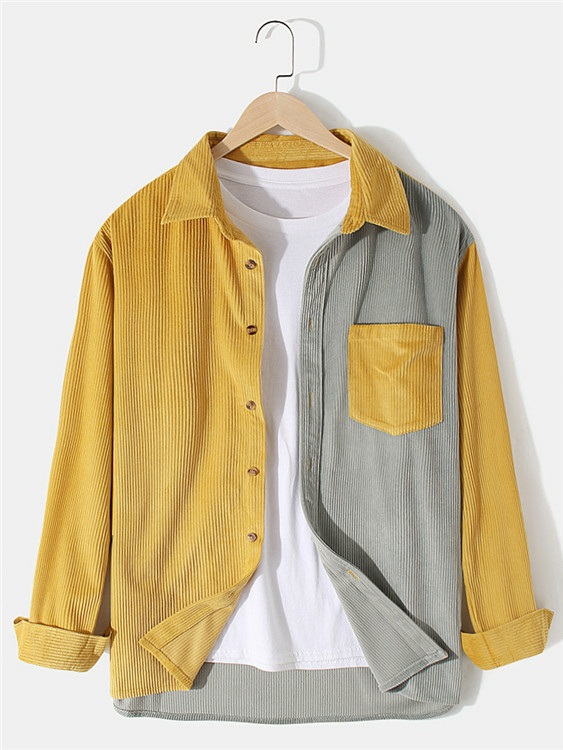 ChArmkpR Men Casual Corduroy Color Block Splicing Pocket Classic Collar Shirt
