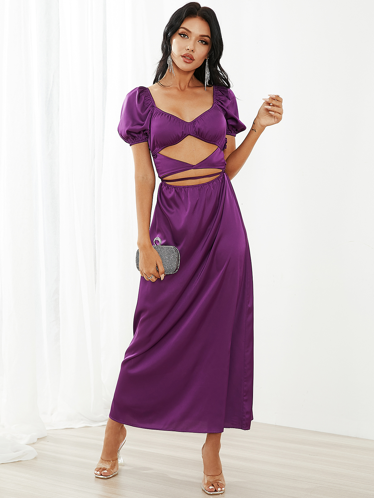 YOINS Satin Square neck Cut out Tie-up design Short sleeves Maxi Dress