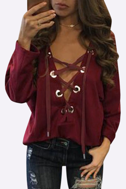 Lace-up Front Design Casual Top in Burgundy