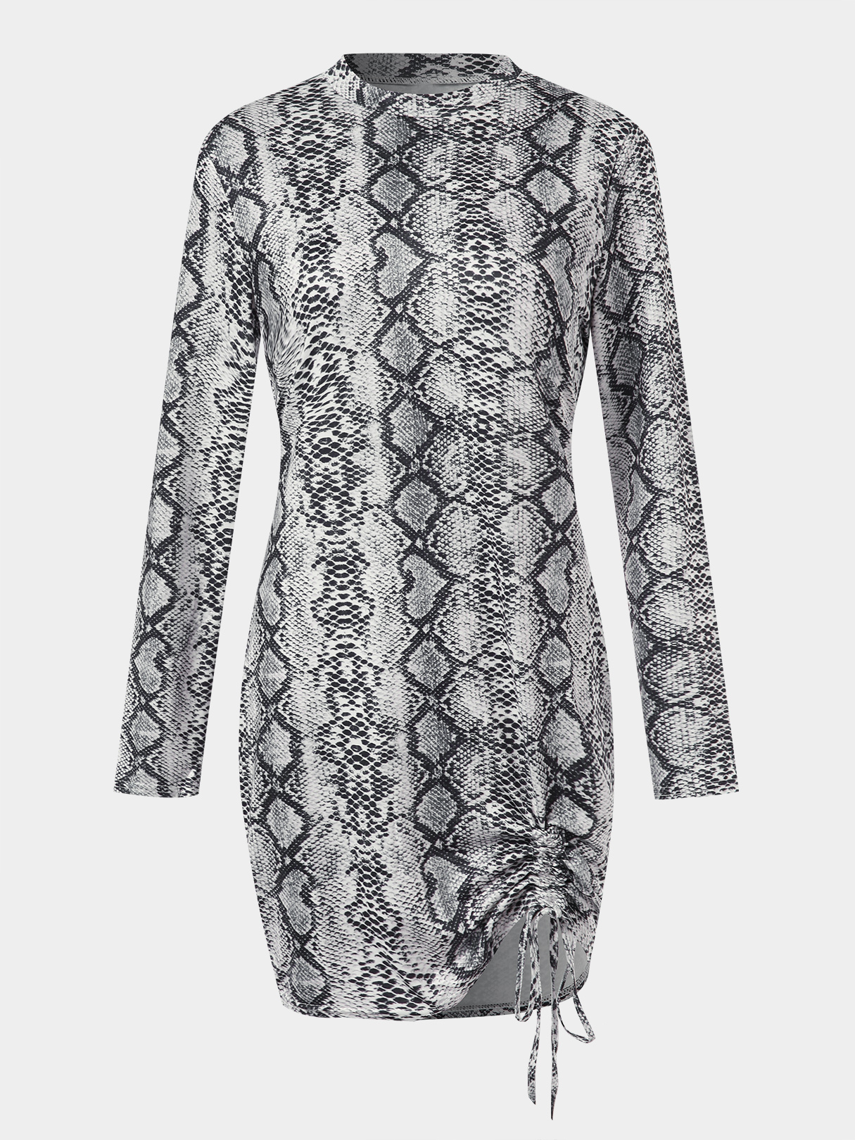 Sexy Snakeskin Pattern Ruched Crew Neck Long Sleeves Dress