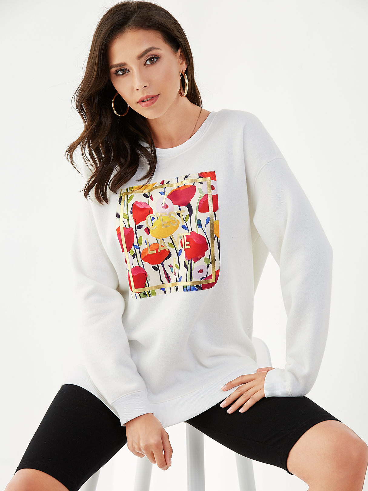 YOINS White Graphic Round Neck Long Sleeves Sweatshirt