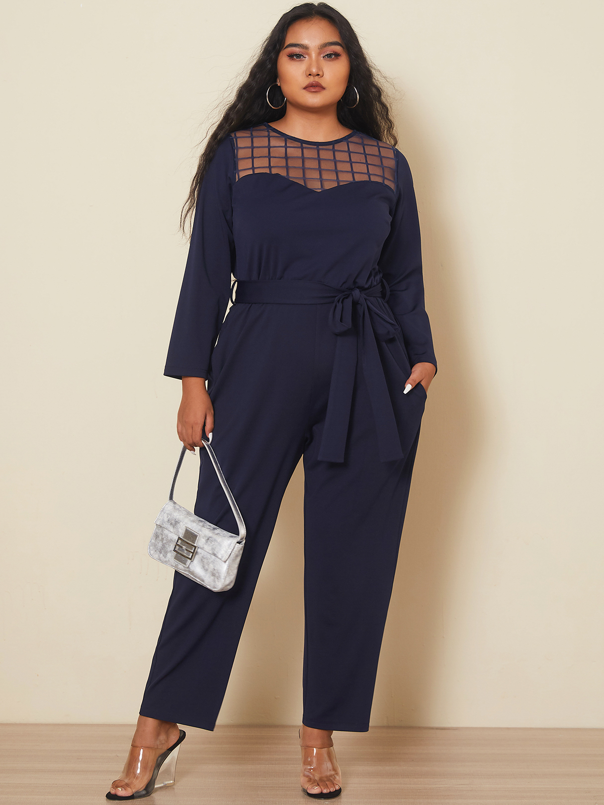 YOINS Plus Size Crew Neck Side Pockets Belt Design Long Sleeves Jumpsuit