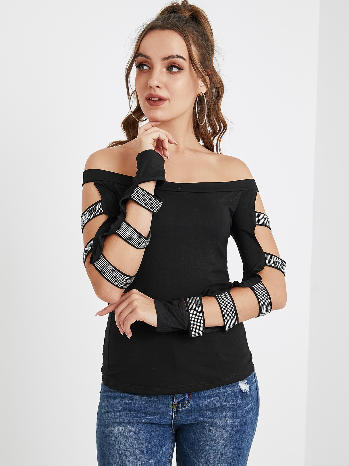YOINS Cut Out Sleeves Off The Shoulder Tee