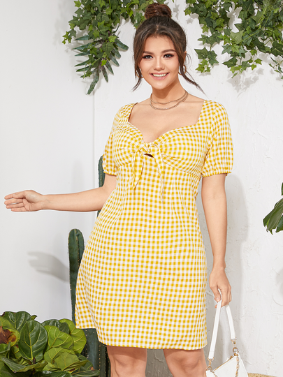 YOINS Plus Size Square Neck Plaid Bowknot Short Sleeves Mini Dress