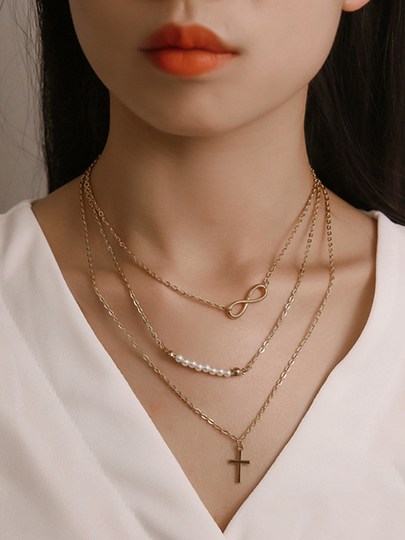 Beaded Cross Pendant Multi-layer Necklace