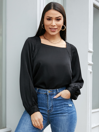 YOINS Black Square Neck Lantern Sleeves Satin Blouse