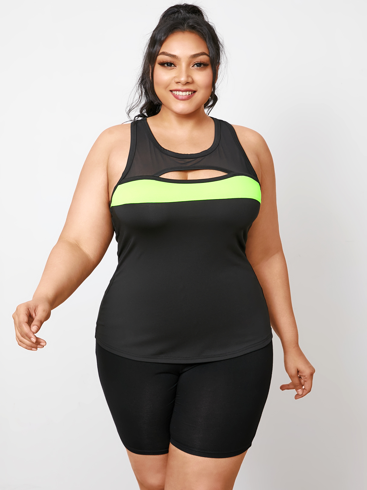 YOINS Plus Size Round Neck Mesh Patchwork Cut Out Sleeveless Tank Top