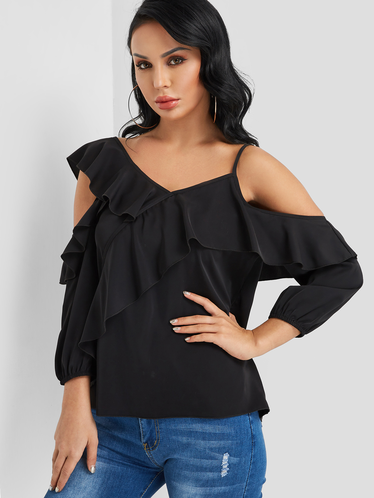 Black Tiered Design Cold Shoulder Fashion Blouse